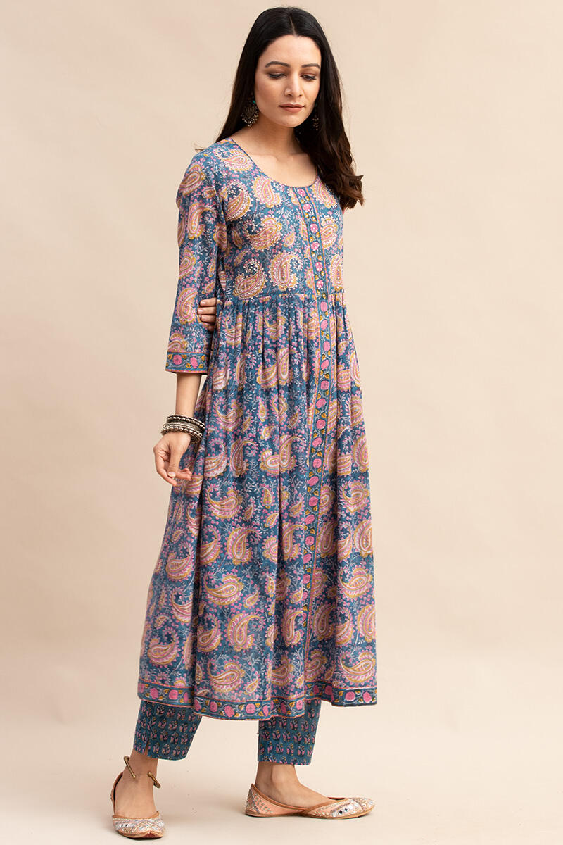 Blue Block Printed A-line Cotton Kurta