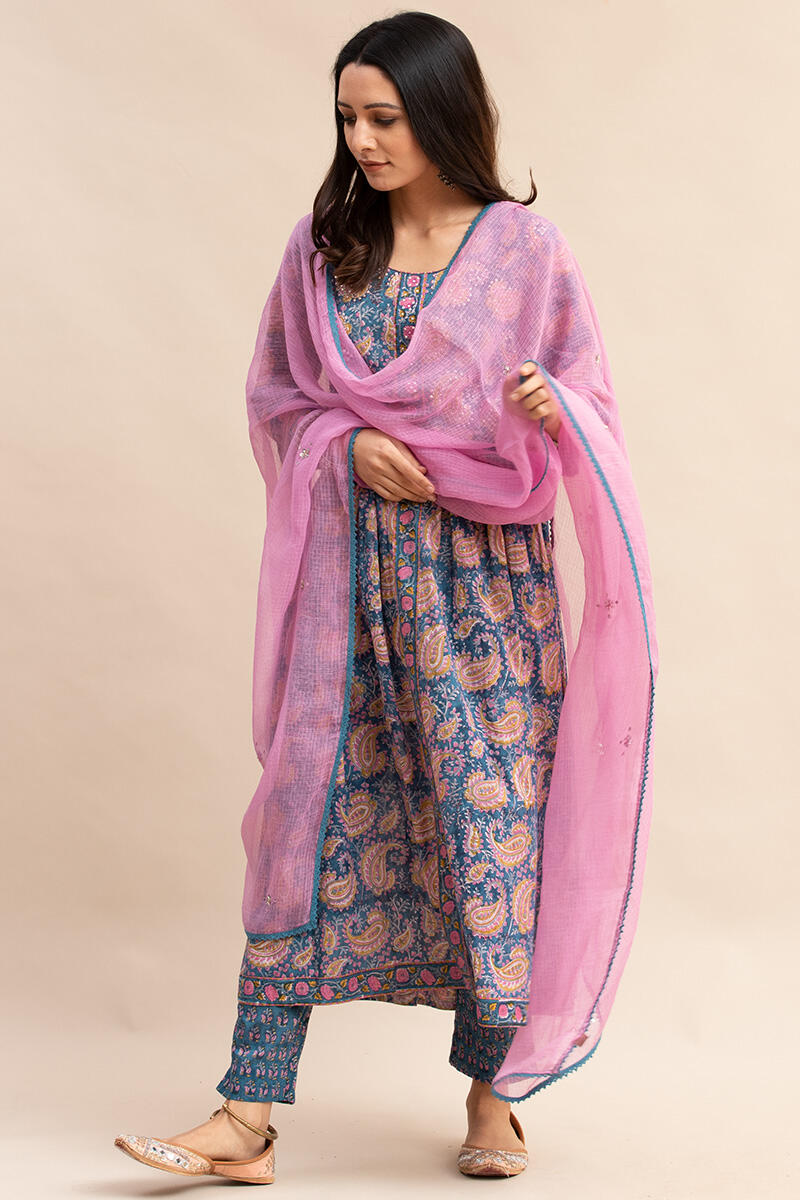 Blue Block Printed A-line Cotton Kurta