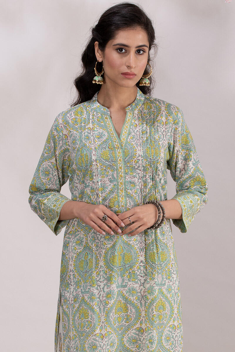 White Block Printed Straight Cotton Kurta