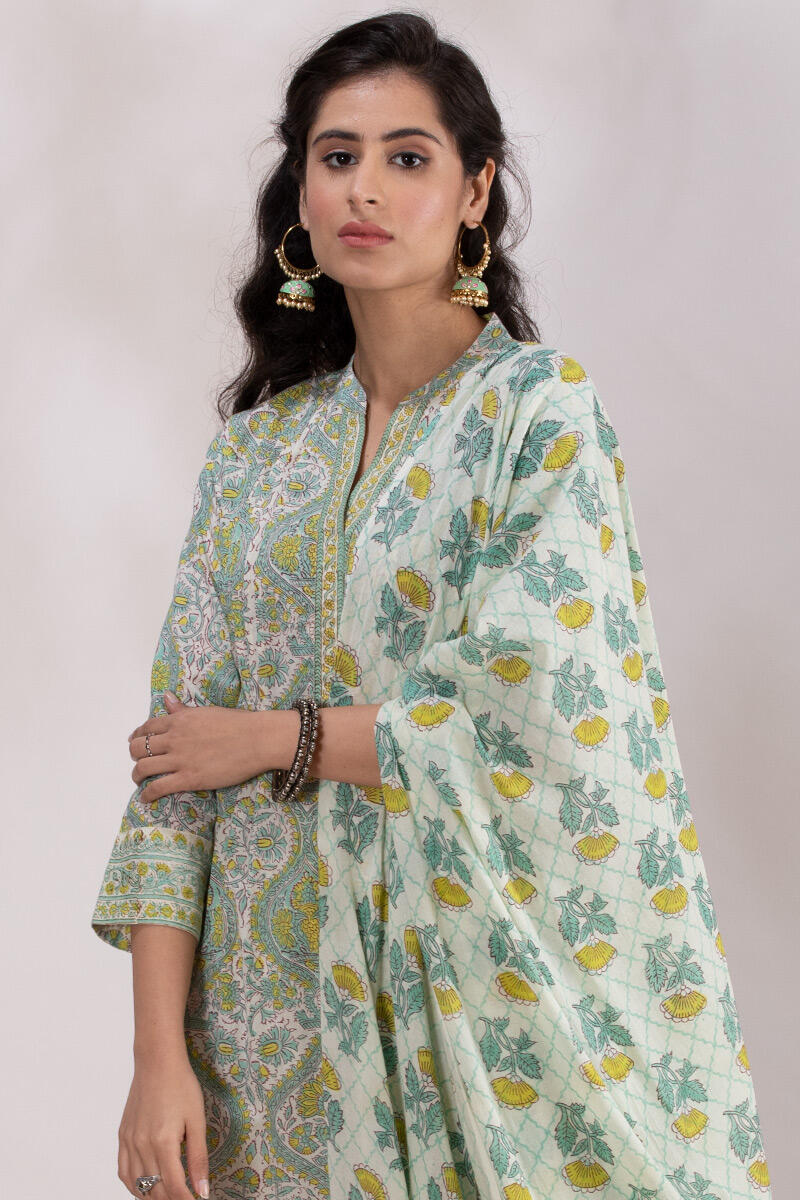 White Block Printed Straight Cotton Kurta