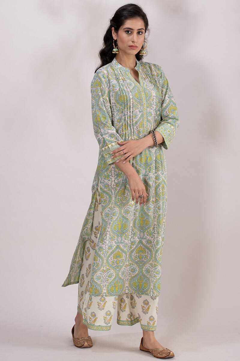 White Block Printed Straight Cotton Kurta