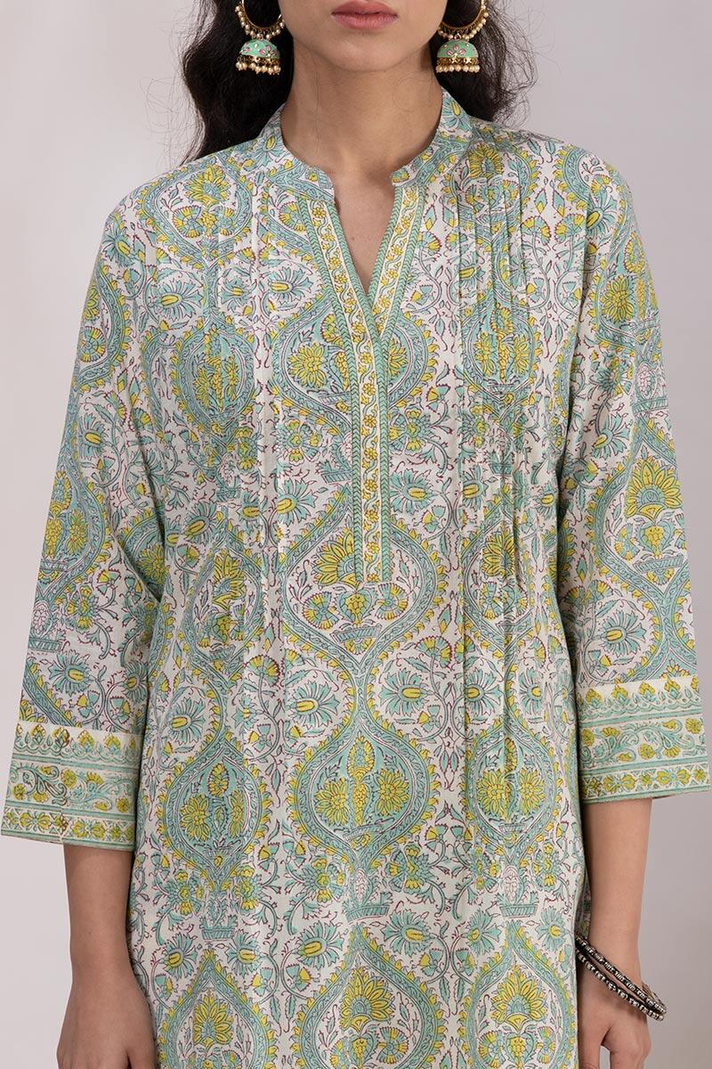 White Block Printed Straight Cotton Kurta
