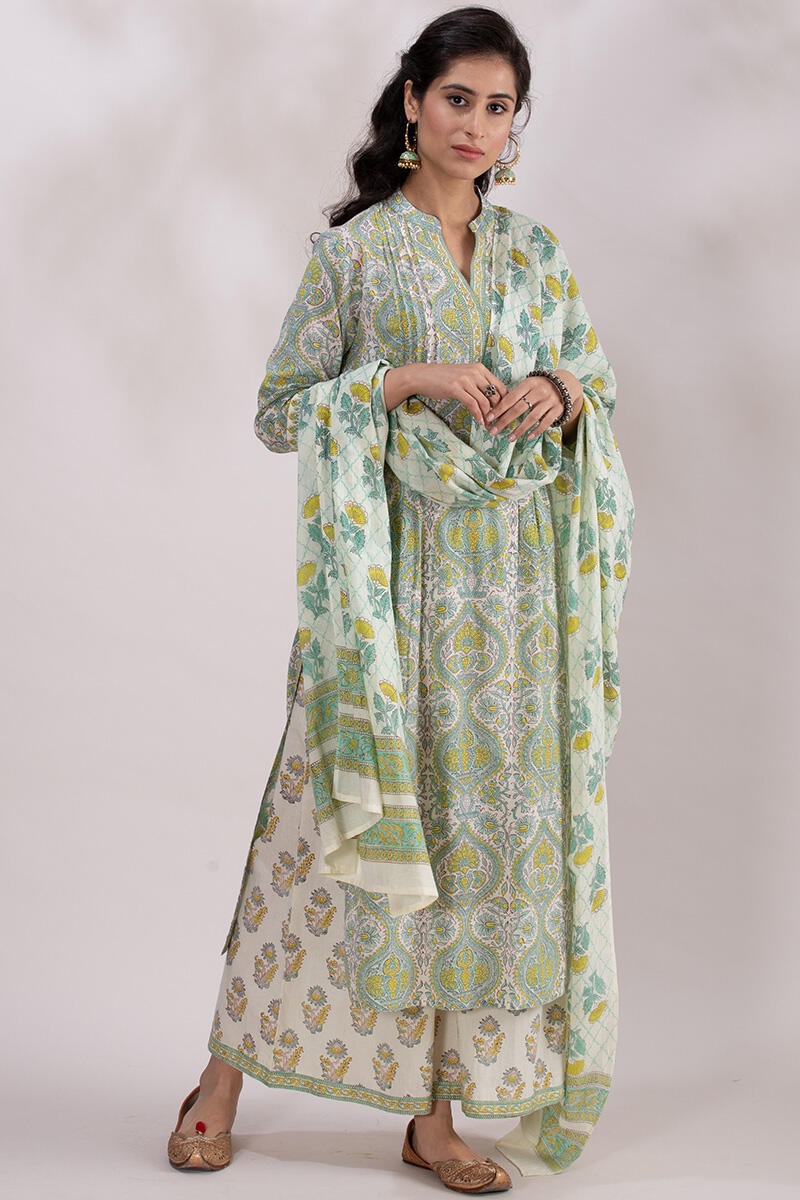 White Block Printed Straight Cotton Kurta