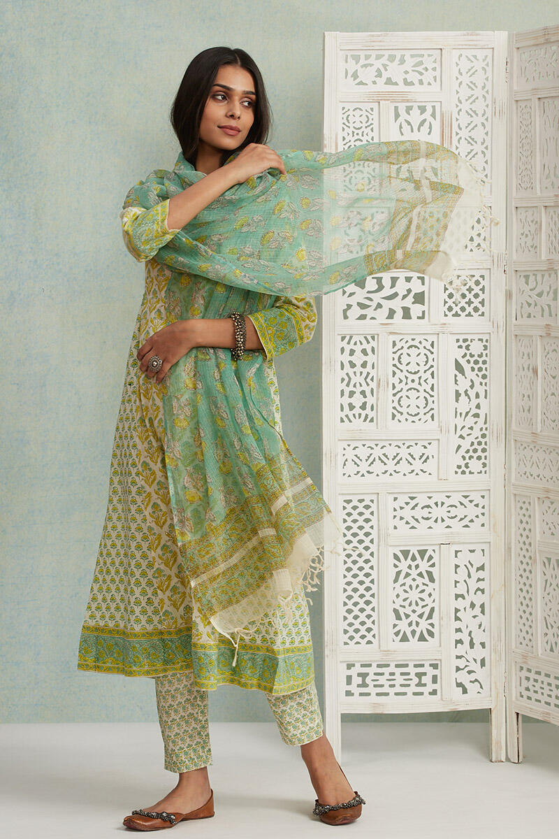 Green Block Printed Kota Dupatta