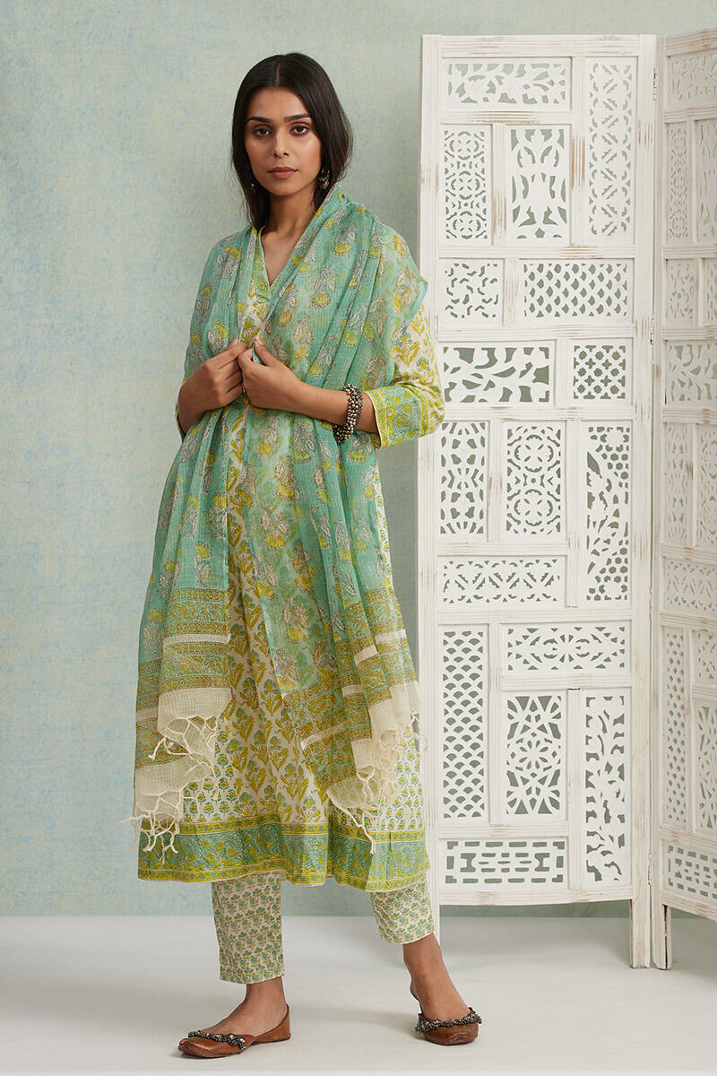 Green Block Printed Kota Dupatta