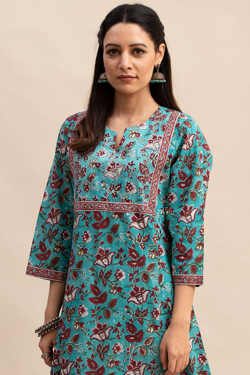 Turquoise Block Printed A-line Cotton Kurta