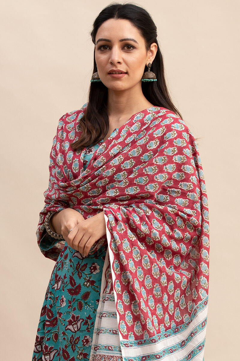 Turquoise Block Printed A-line Cotton Kurta