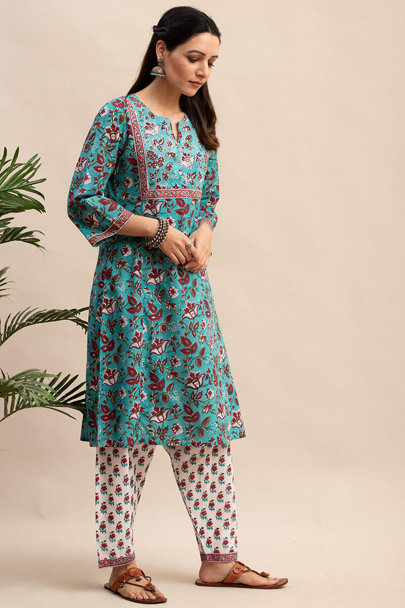 Turquoise Block Printed A-line Cotton Kurta