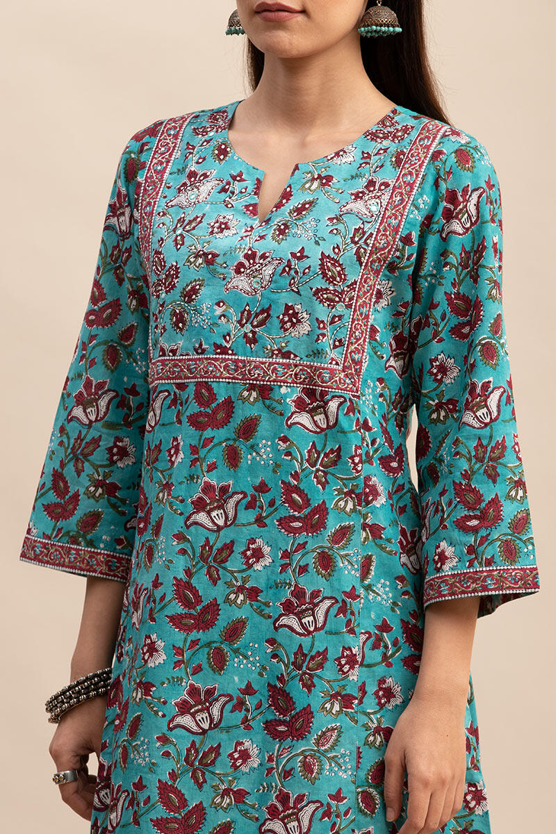Turquoise Block Printed A-line Cotton Kurta