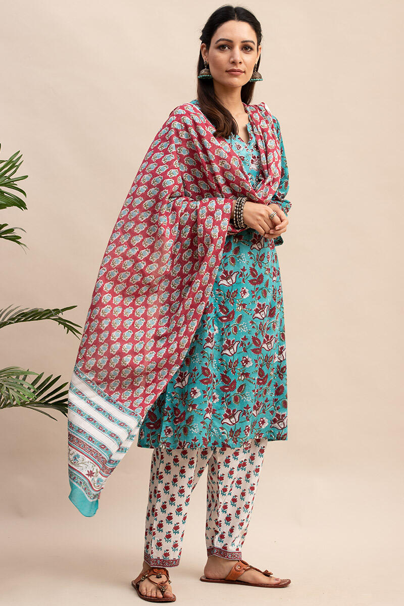 Turquoise Block Printed A-line Cotton Kurta