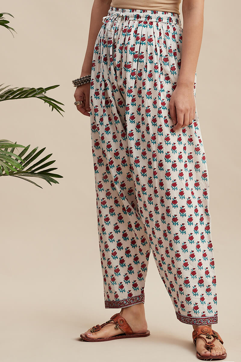White Block Printed Cotton Salwar