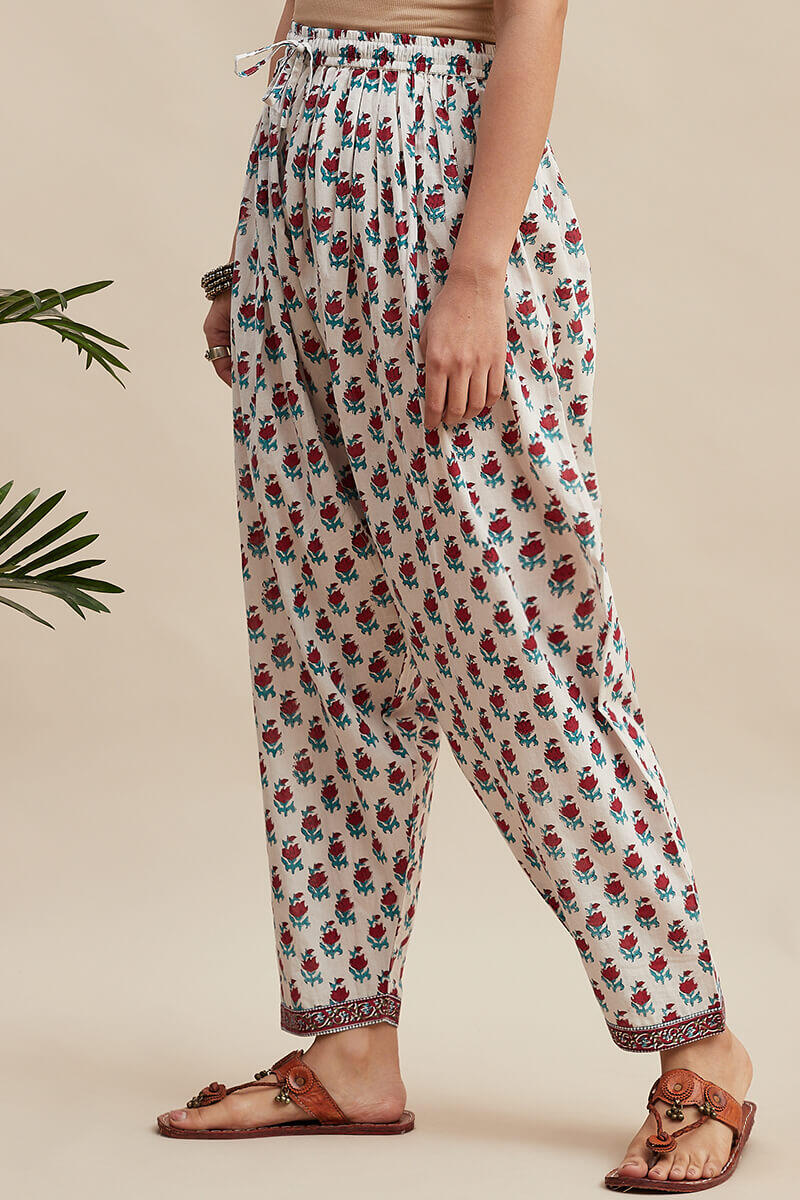 White Block Printed Cotton Salwar