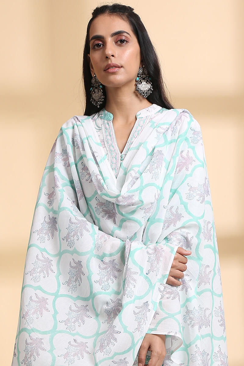 White Block Printed Cotton Dupatta