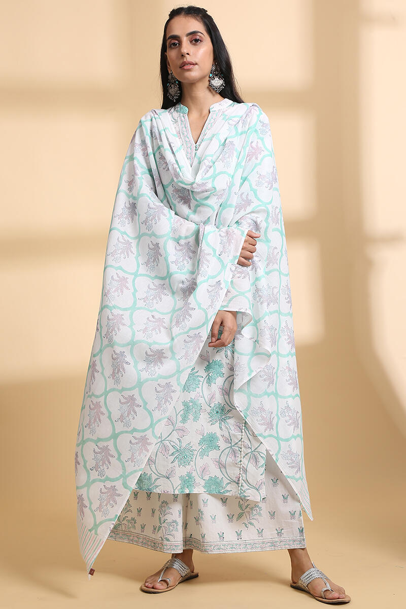 White Block Printed Cotton Dupatta