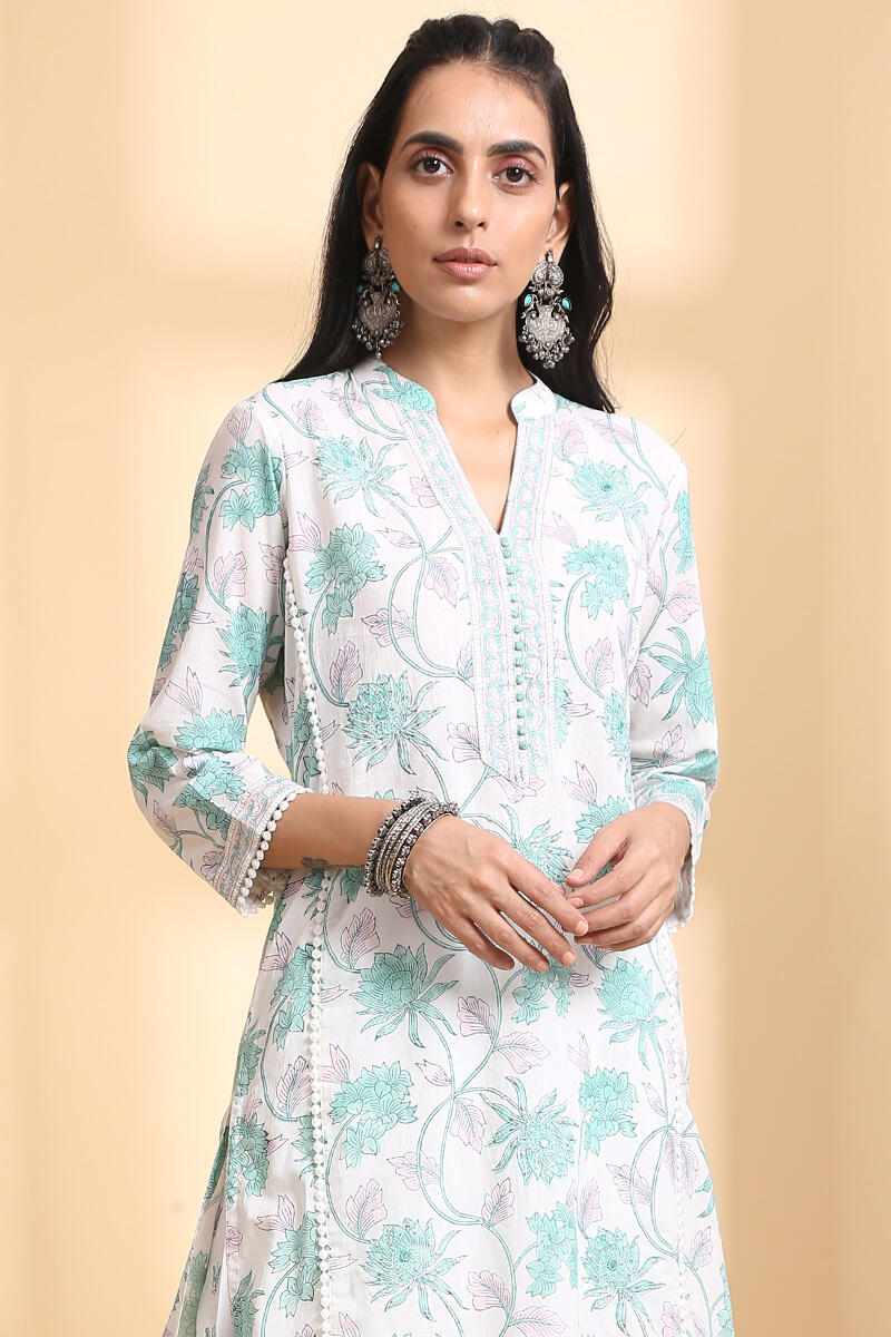 White Block Printed Straight Cotton Kurta