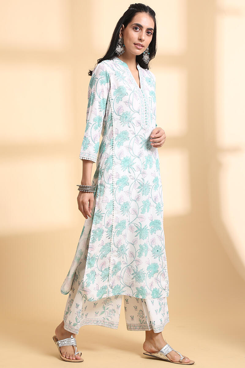 White Block Printed Straight Cotton Kurta