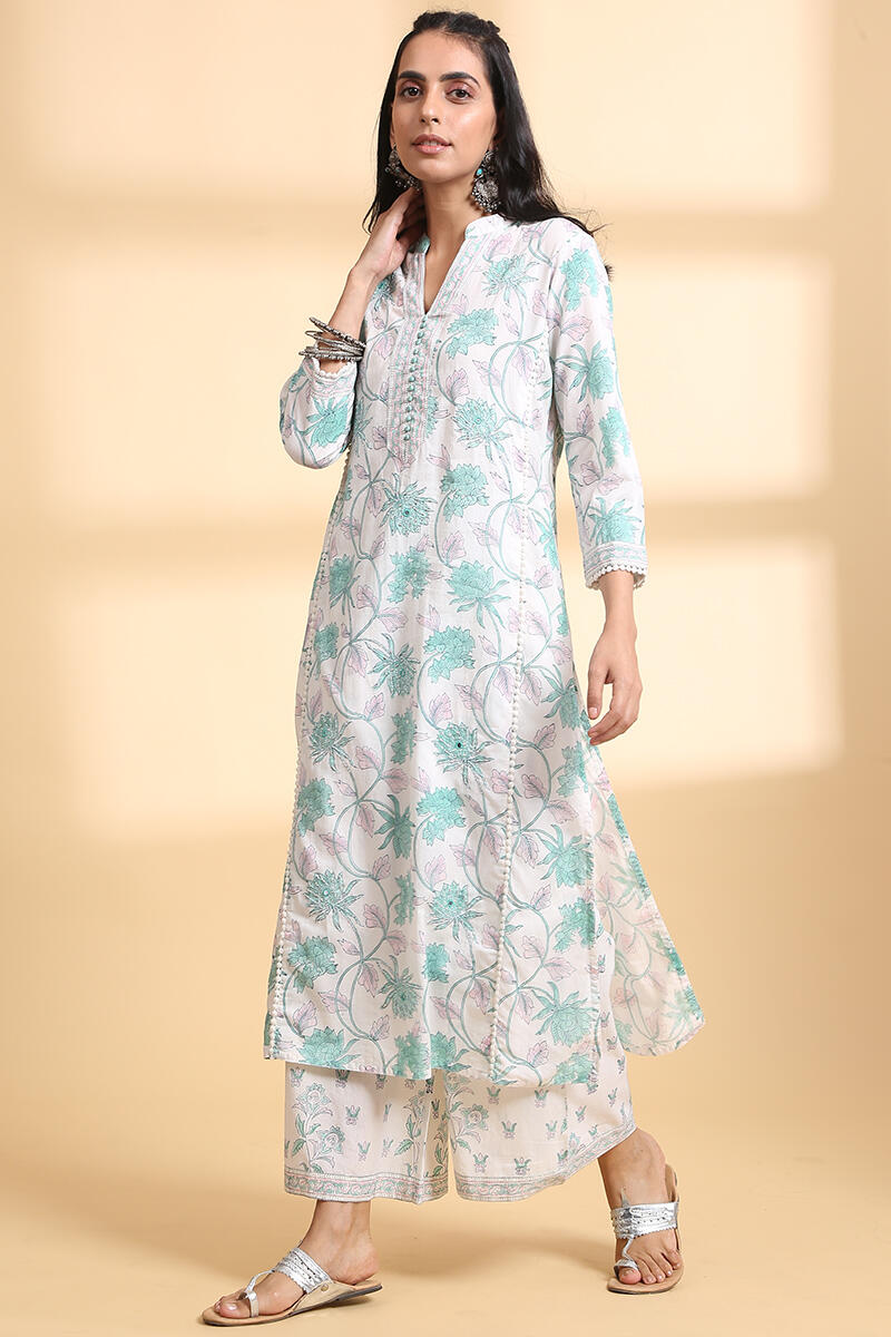 White Block Printed Straight Cotton Kurta