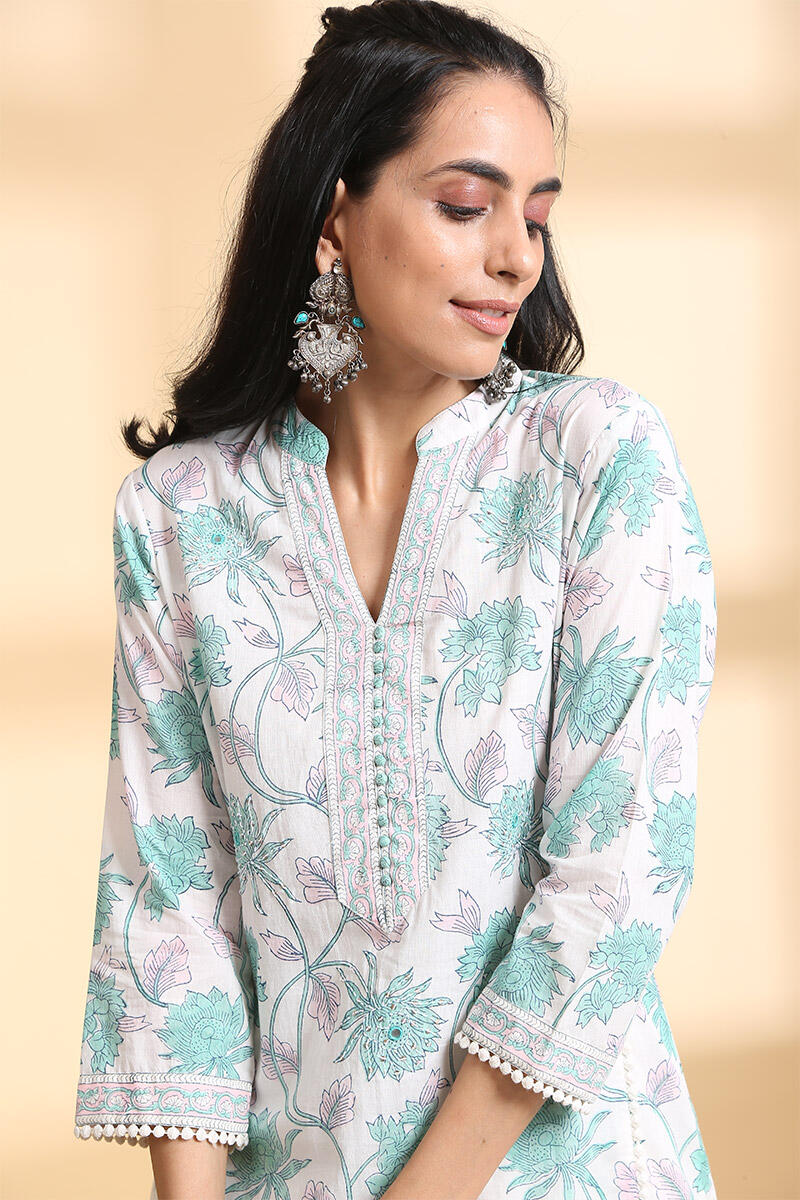White Block Printed Straight Cotton Kurta