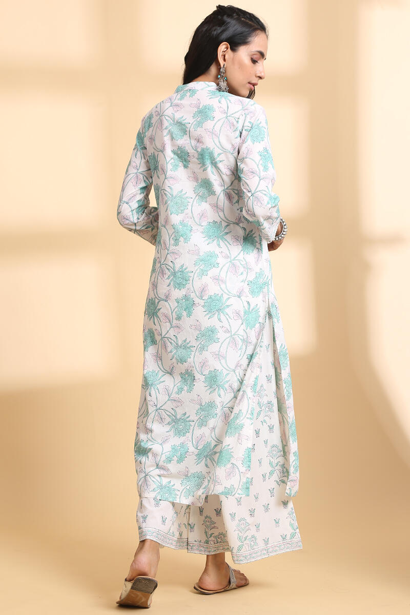 White Block Printed Straight Cotton Kurta