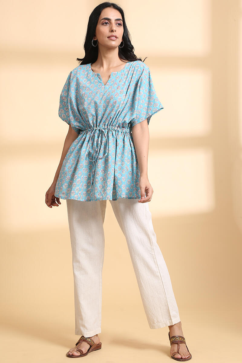 Blue Block Printed Cotton Short Kaftan