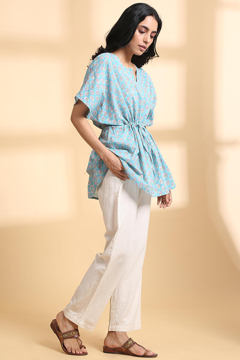 Blue Block Printed Cotton Short Kaftan