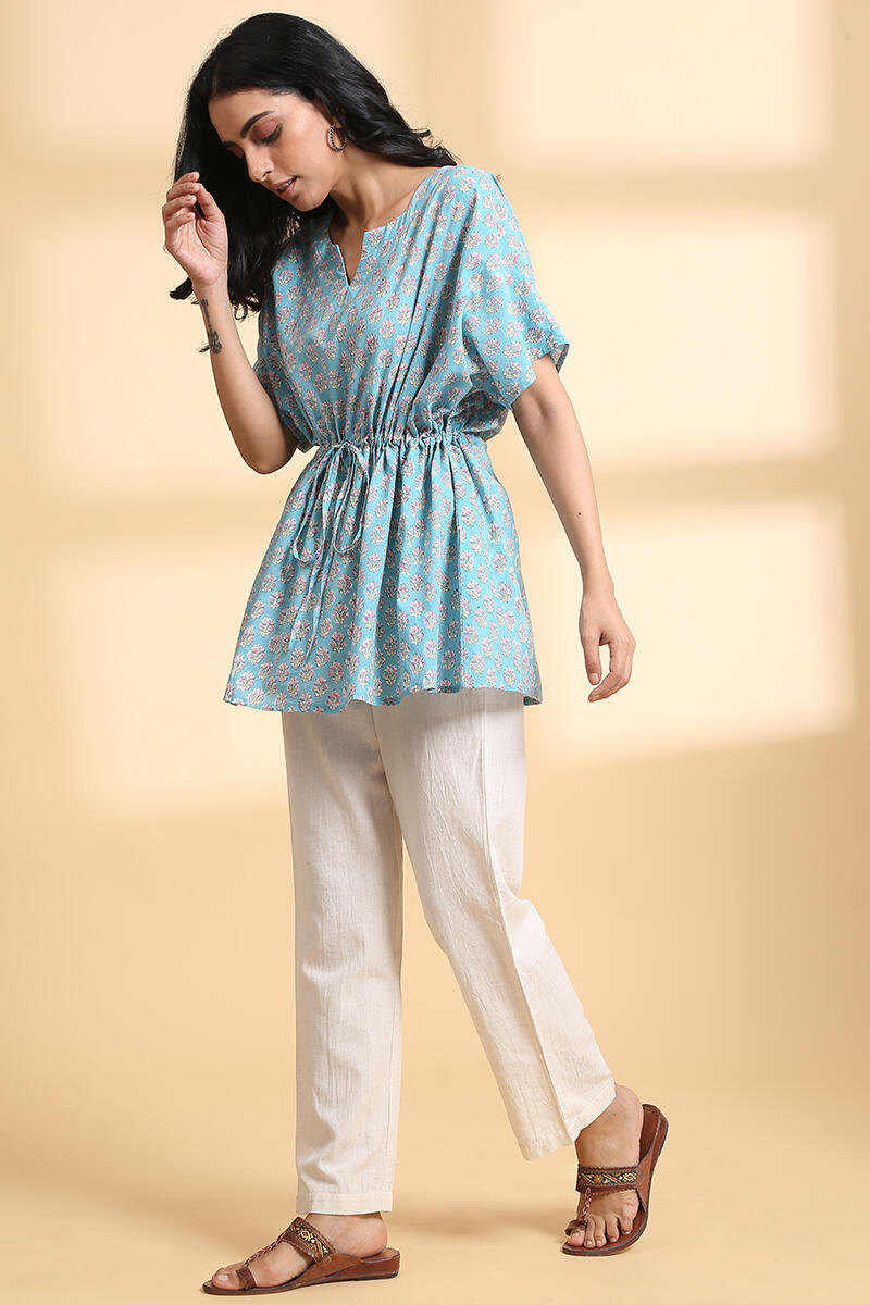 Blue Block Printed Cotton Short Kaftan