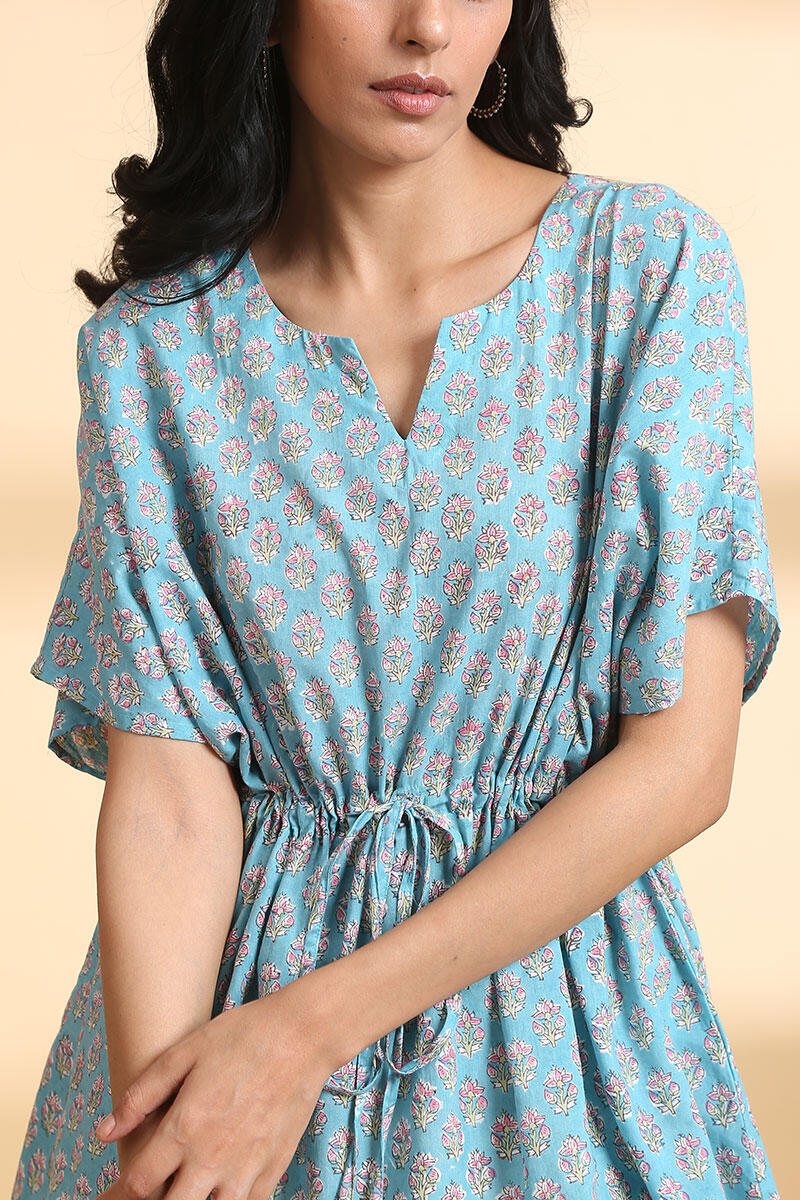 Blue Block Printed Cotton Short Kaftan