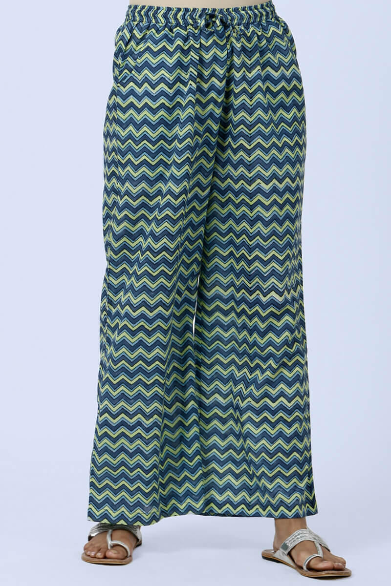 Blue Block Printed Cotton Farsi Pants