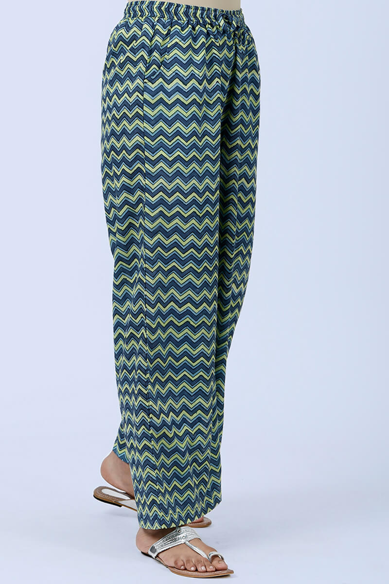 Blue Block Printed Cotton Farsi Pants