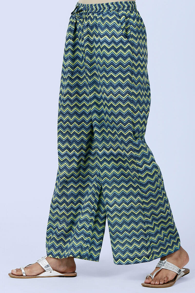 Blue Block Printed Cotton Farsi Pants