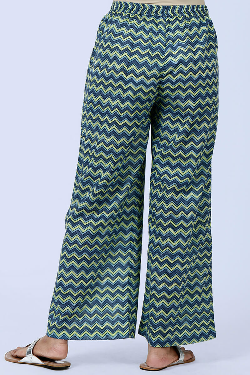 Blue Block Printed Cotton Farsi Pants