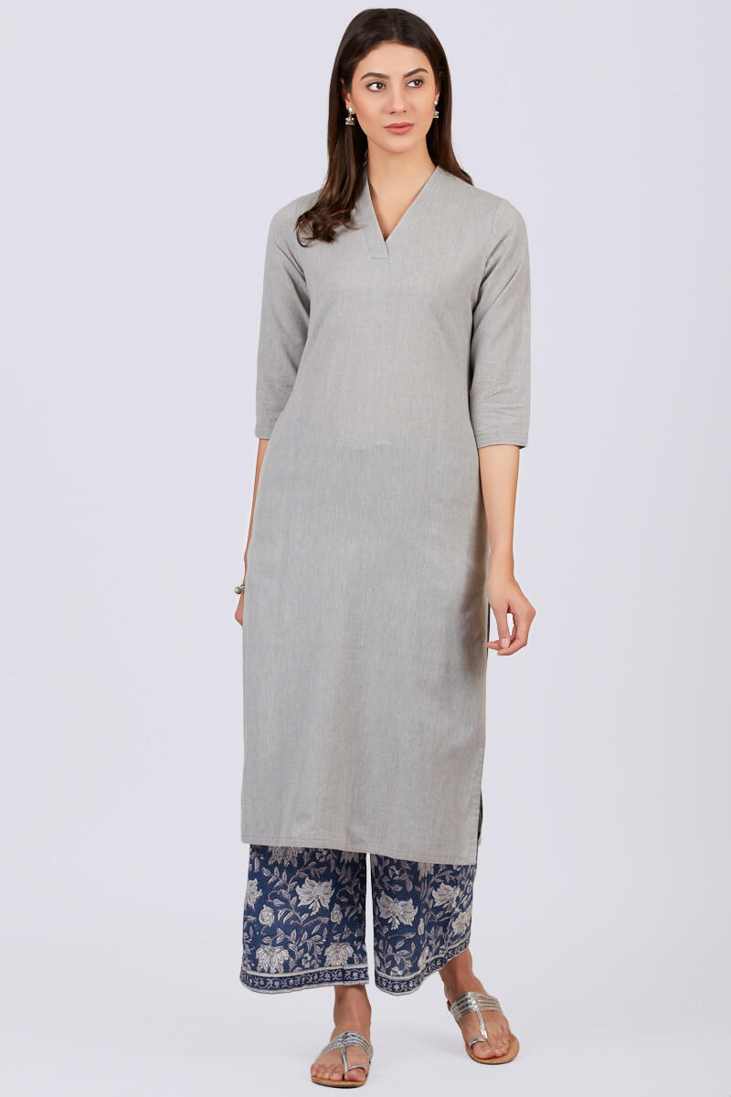 Grey Handcrafted Straight Cotton Kurta