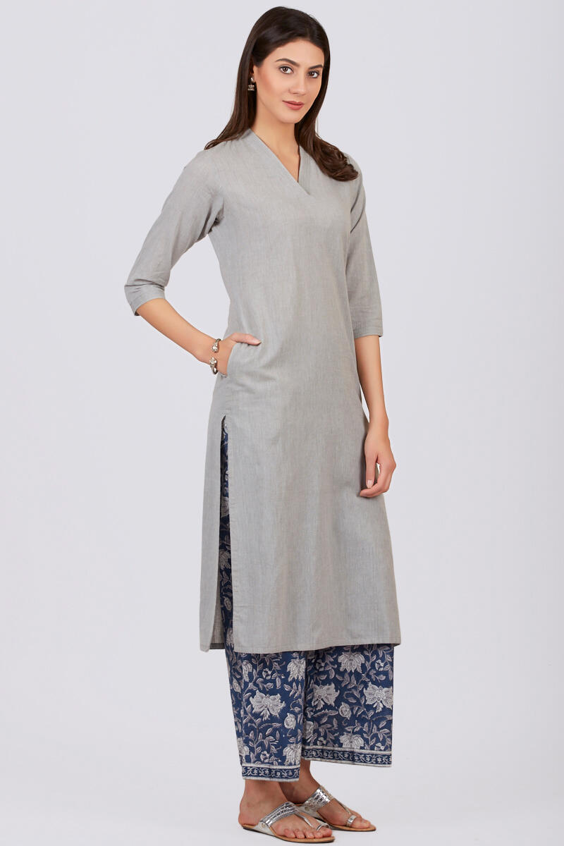 Grey Handcrafted Straight Cotton Kurta