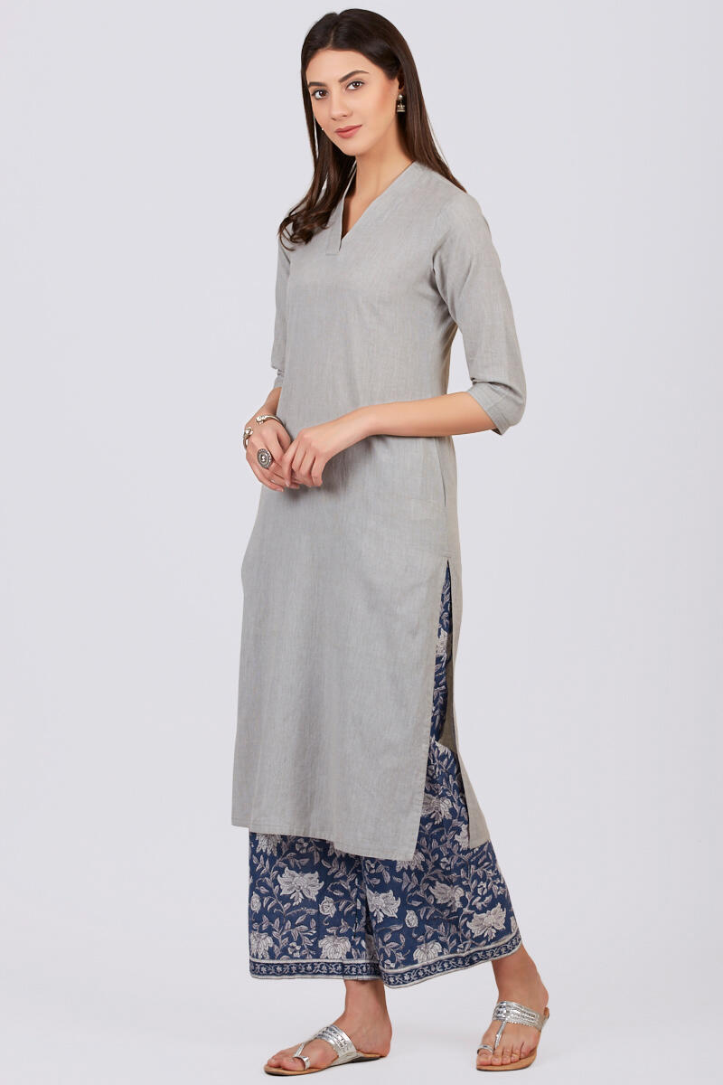 Grey Handcrafted Straight Cotton Kurta