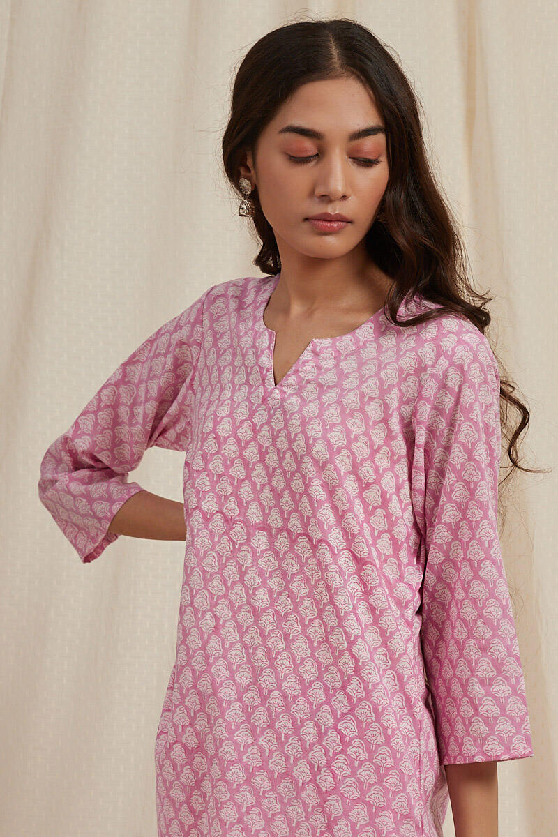 Pink Block Printed Cotton Pyjama Set