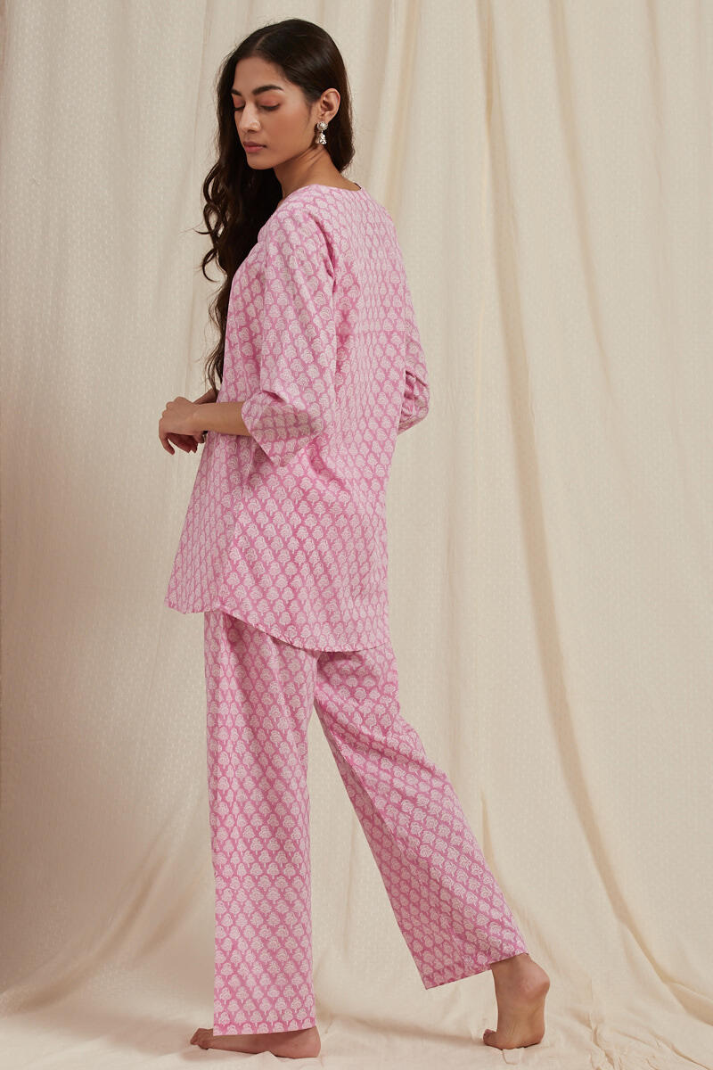 Pink Block Printed Cotton Pyjama Set
