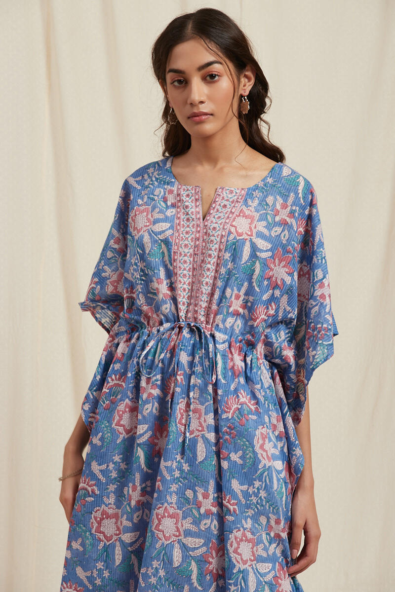 Blue Block Printed Cotton Kaftan