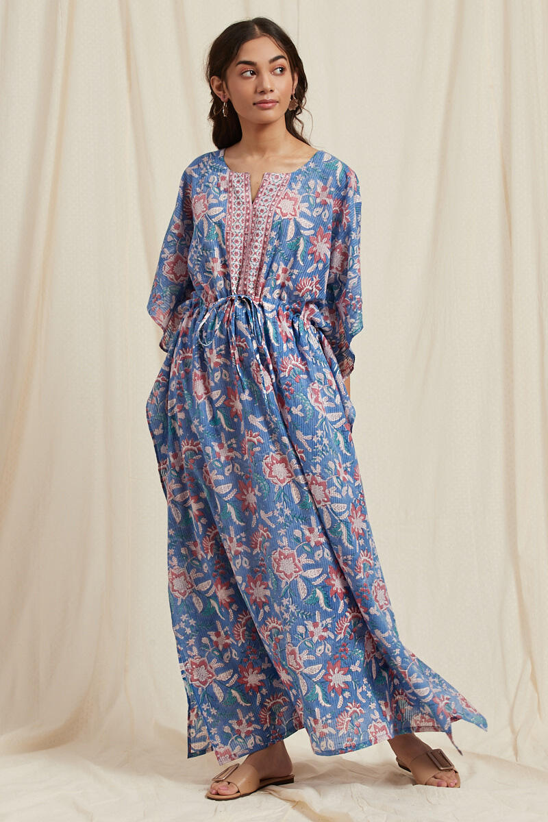 Blue Block Printed Cotton Kaftan