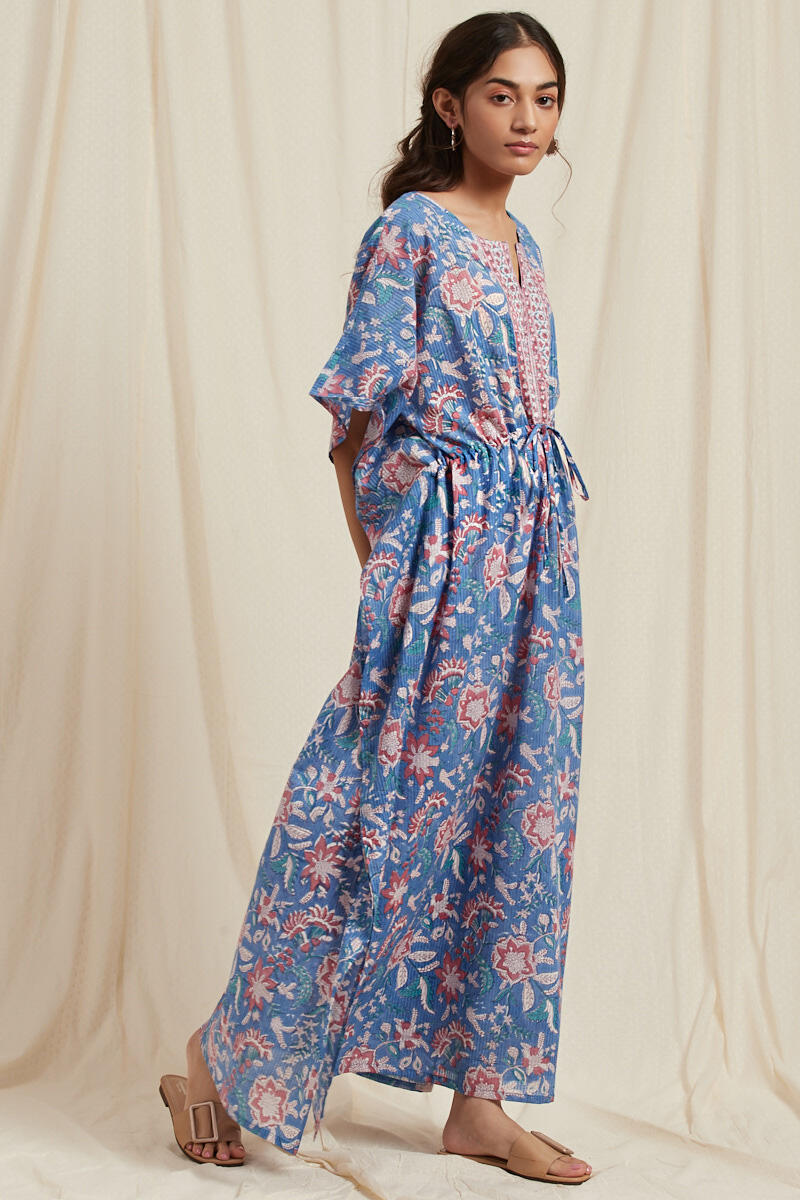 Blue Block Printed Cotton Kaftan