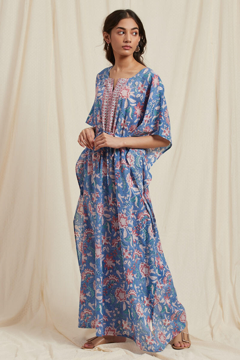Blue Block Printed Cotton Kaftan