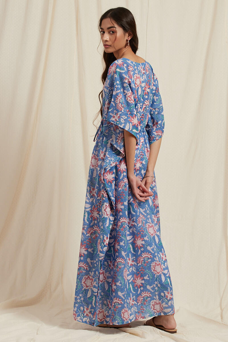 Blue Block Printed Cotton Kaftan