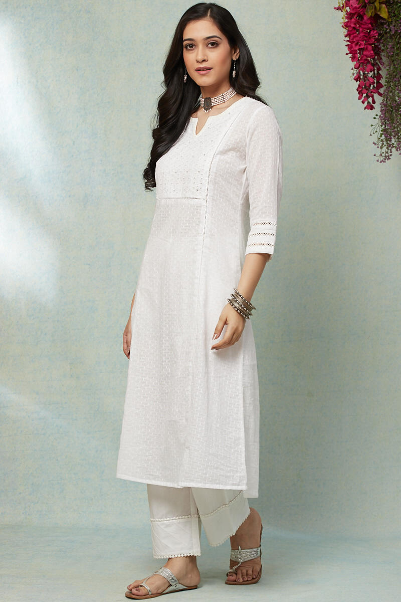 White Handcrafted A-line Cotton Kurta