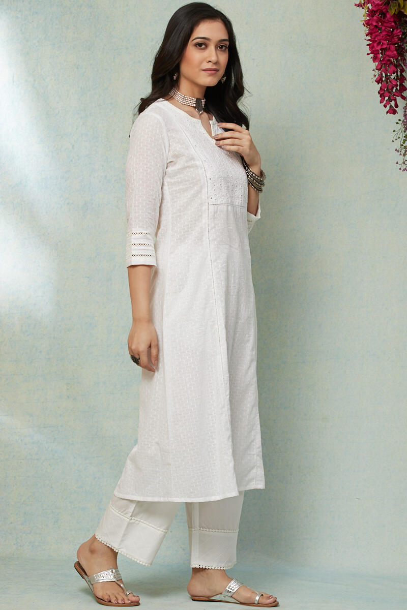 White Handcrafted A-line Cotton Kurta