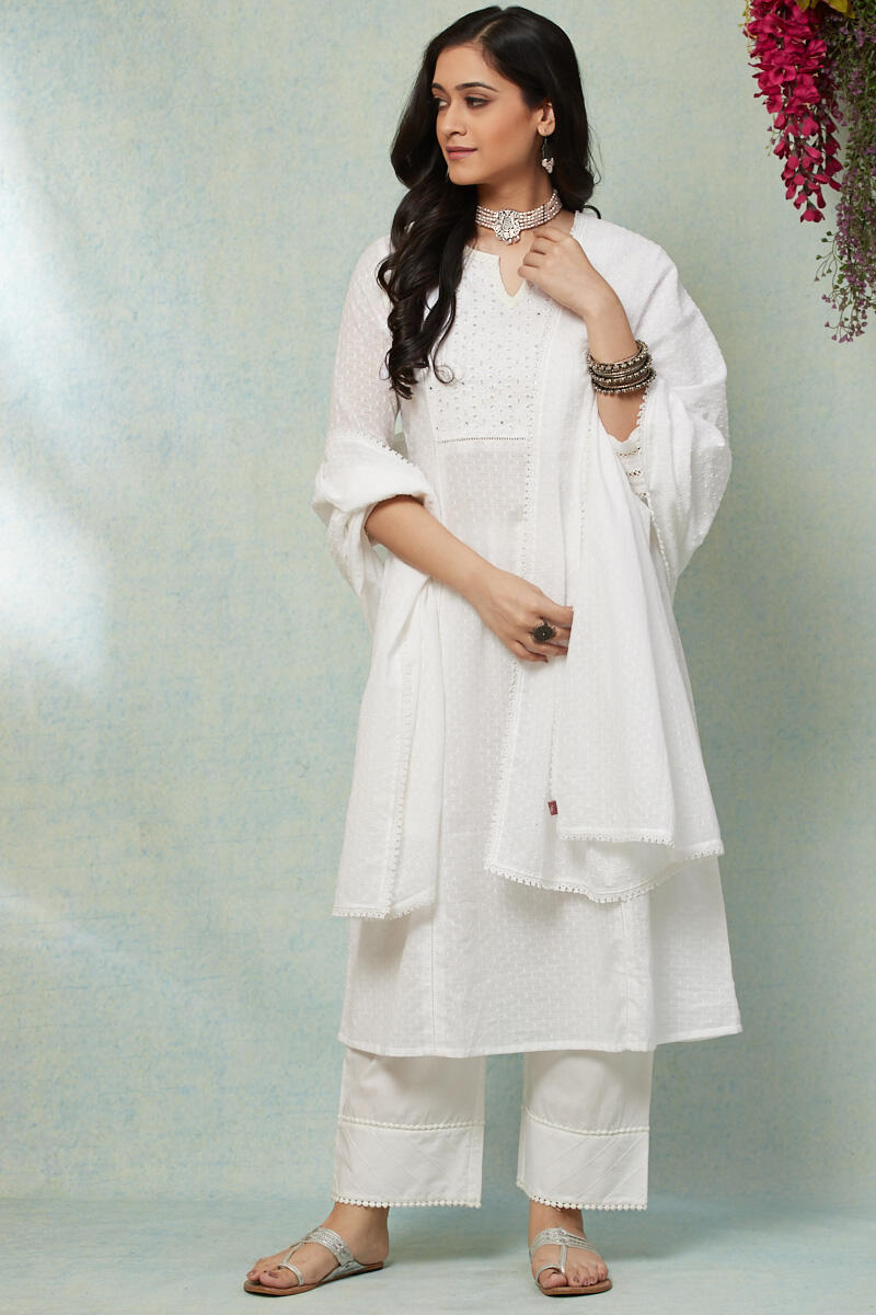 White Handcrafted A-line Cotton Kurta