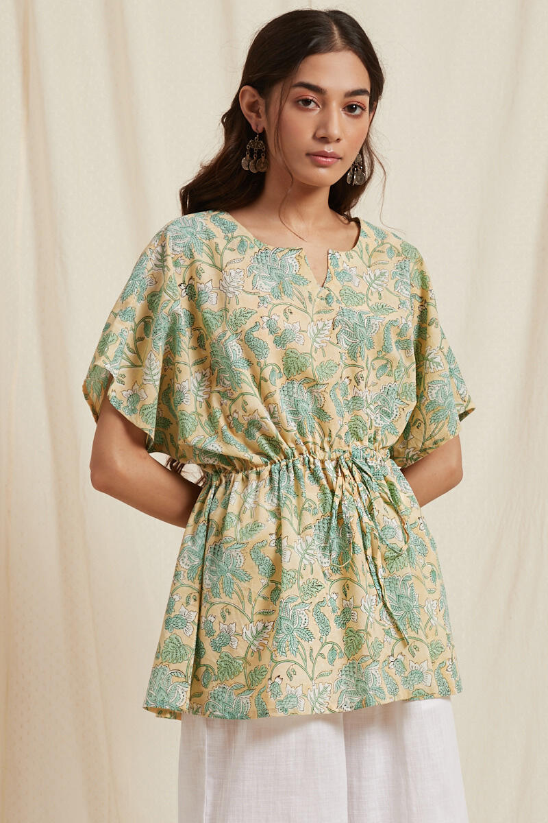 Green Block Printed Cotton Kaftan Top