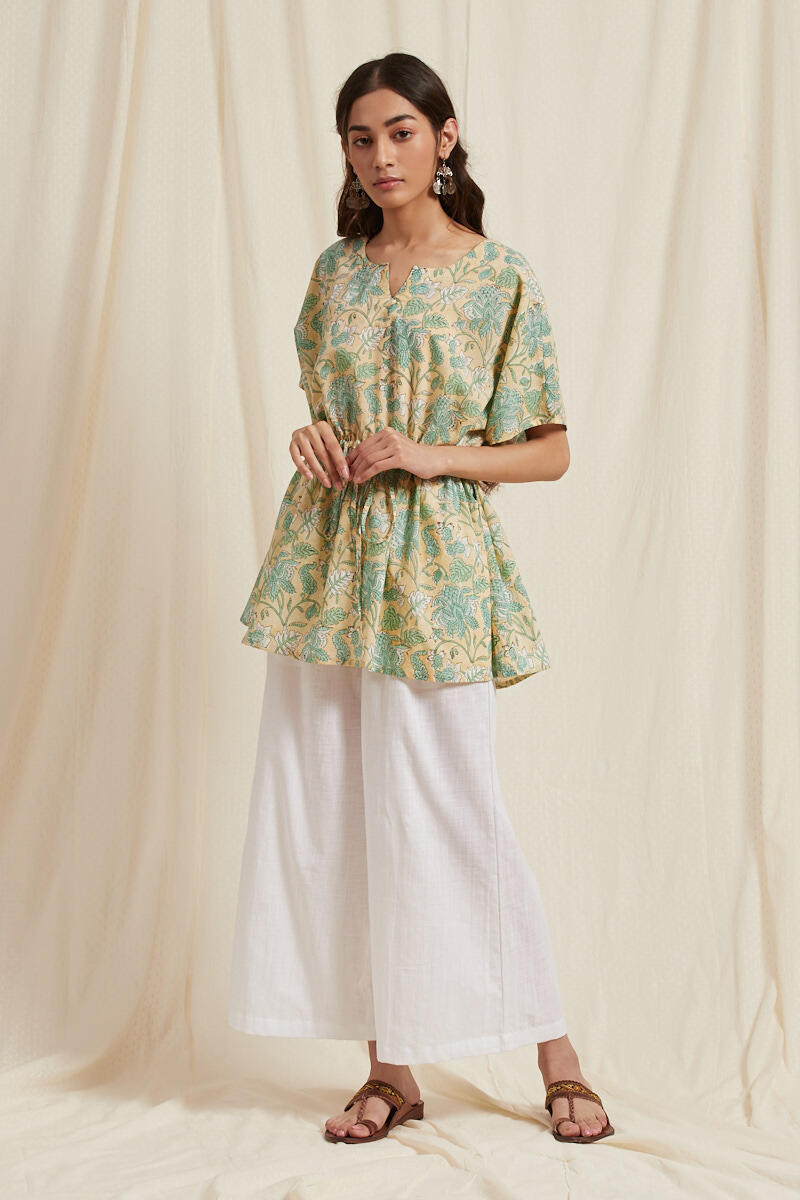 Green Block Printed Cotton Kaftan Top