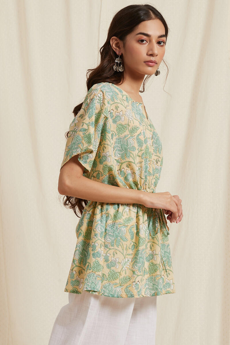 Green Block Printed Cotton Kaftan Top