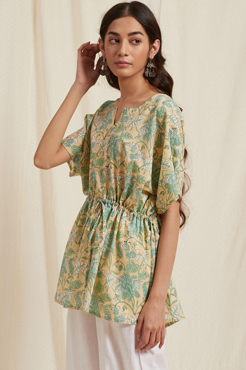 Green Block Printed Cotton Kaftan Top