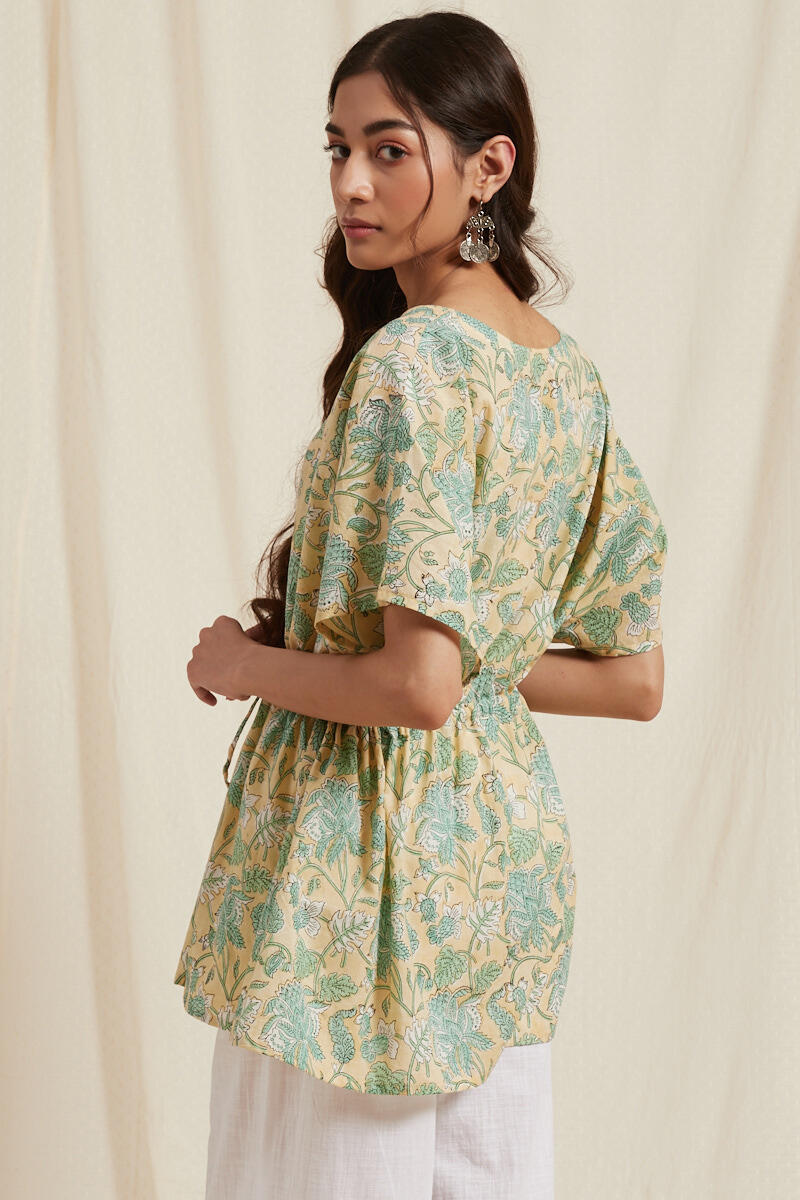 Green Block Printed Cotton Kaftan Top