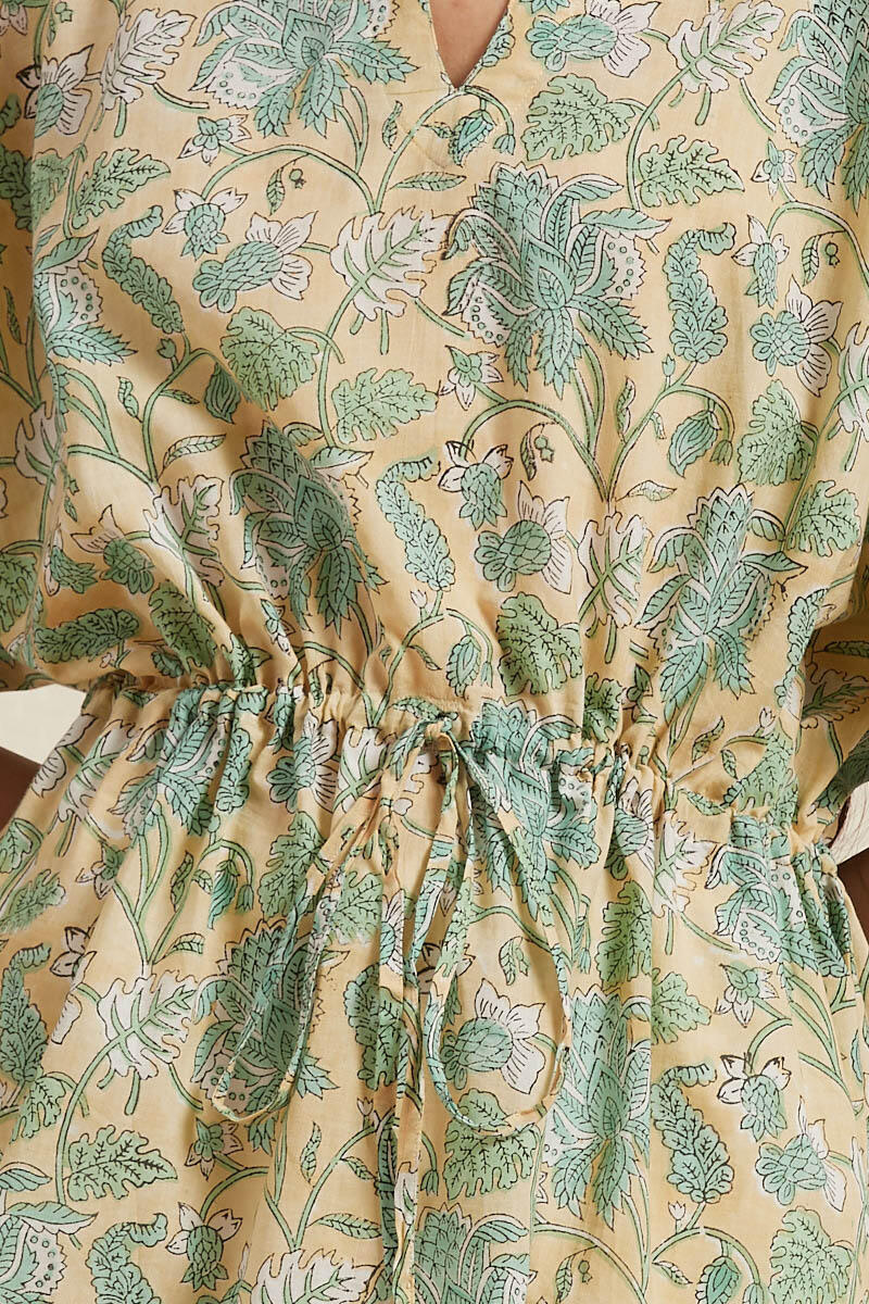 Green Block Printed Cotton Kaftan Top